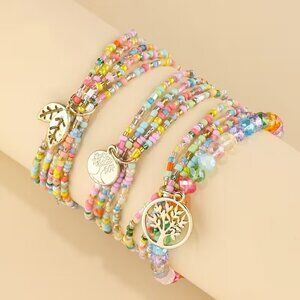 Beaded Stretch Bracelet With Gold Tree -Solid Tree-